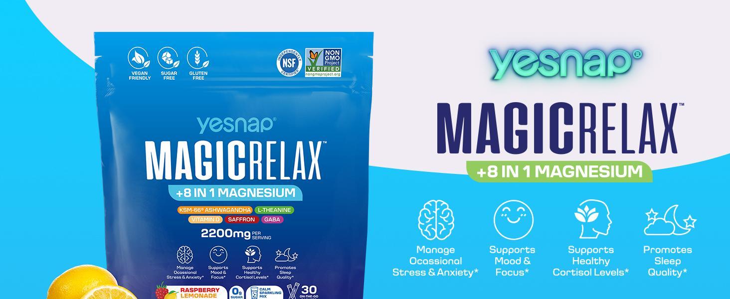 HOT!!! MAGICRELAX Calming Sparking Mix 8-in-1 Magnesium KSM-66 Ashwagandha Saffron Vitamin D3 GABA L-Theanine Supports Healthy Cortisol Levels,Mood and Sleep No Sugar Non GMO Raspberry Lemonade Flavor