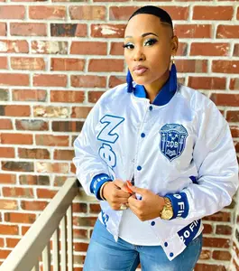 Zeta White Satin Bomber Jacket Custom Ribbon And Lining