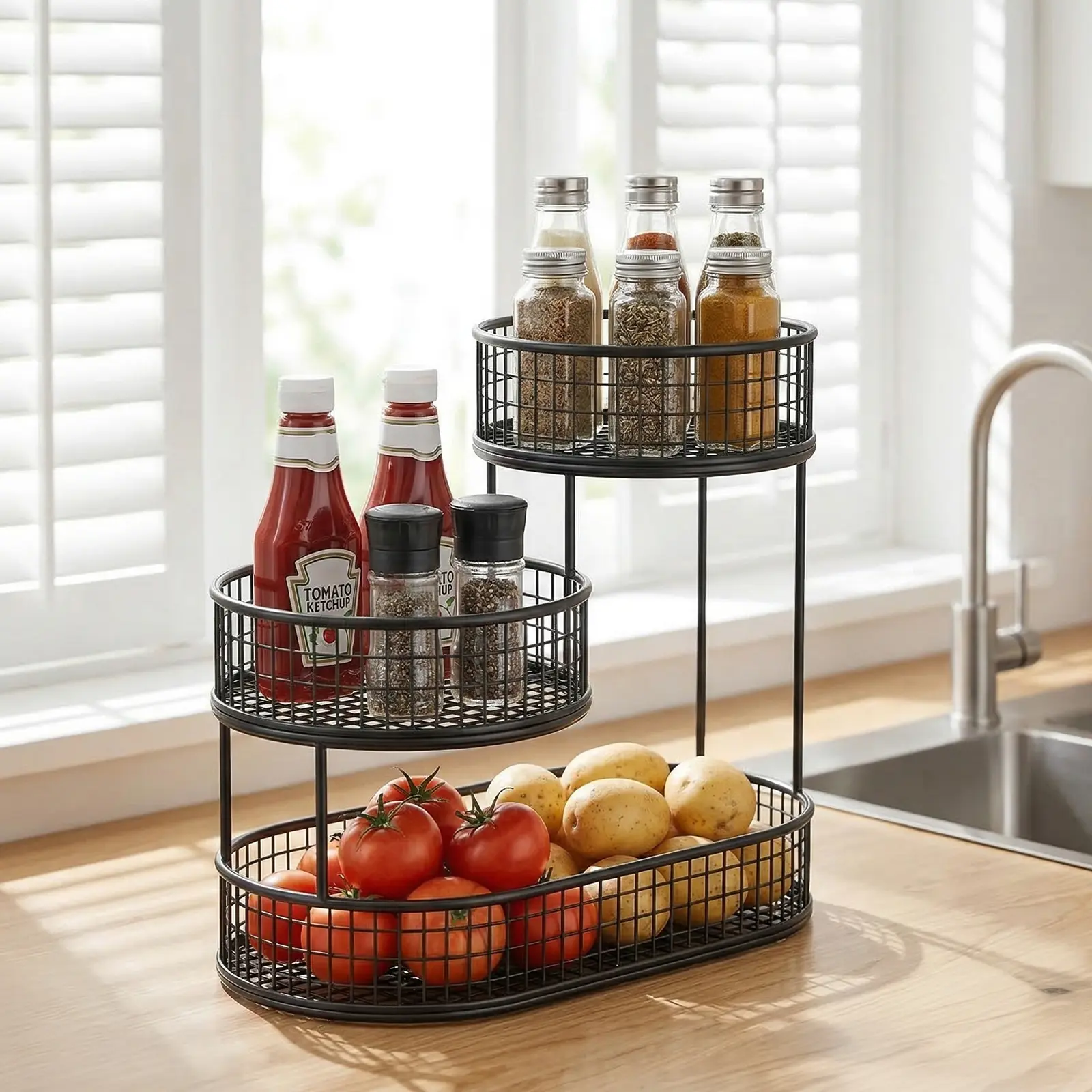 Metal 3-Tier Stackable Organizing Storage Basket, Lightweight Kitchen Countertop Organiser Shelf, Home Storage Solution for Bread, Keeping Fruits and Vegetables Fresh, Organizing Baskets, Storage Baskets
