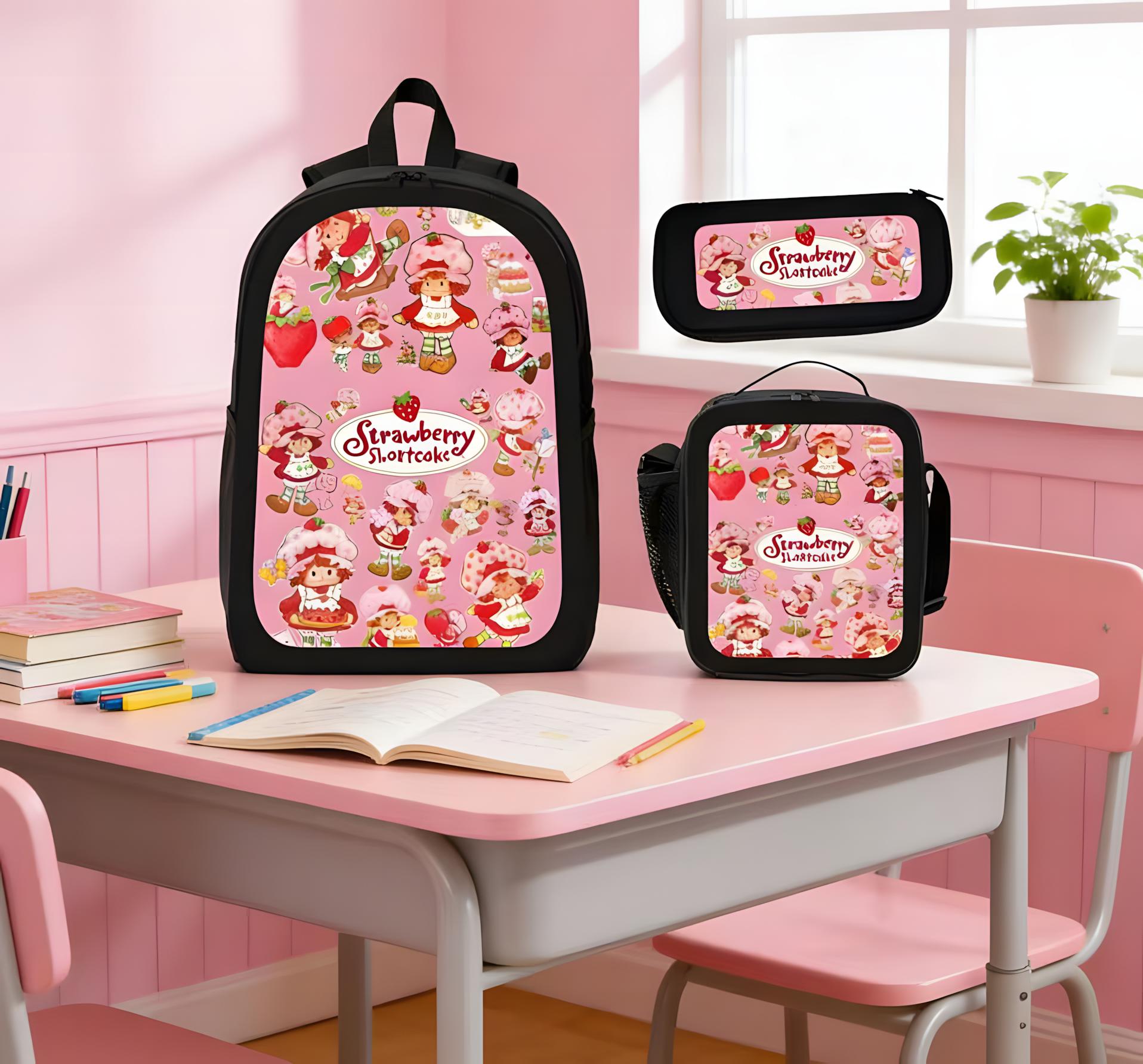 Strawberry Shortcake Cute Cartoon Strawberry Print Backpack Large Capacity Trendy for School Travel Trend with Lunch Box and Pencil Case for Boys Girls Stylish for Kids Teens