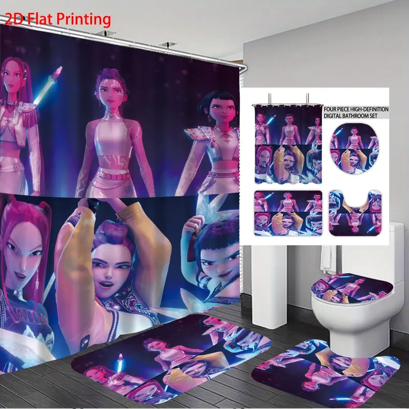 K-Pop Demon Hunters Bathroom Set, Shower Curtain with Hooks, Non-Slip Bath Rug, U-Shaped Toilet Mat, Toilet Lid Cover, Bathroom Decoration Accessories