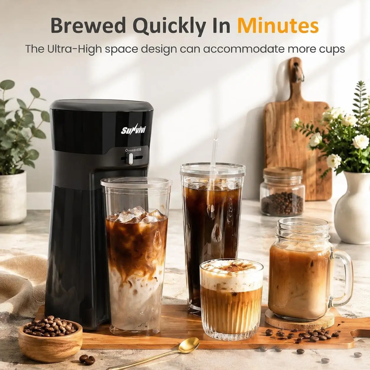 Sunvivi 20 Oz Iced Coffee Maker for Ground Coffee, Cold Brew Tea Maker with Reusable Coffee Filter and Insulated Pitcher, Single Serve Machine for Home, Strength Control for Flavor, one-touch operation Coffee & Tea Machines，bold setting  portable coffee