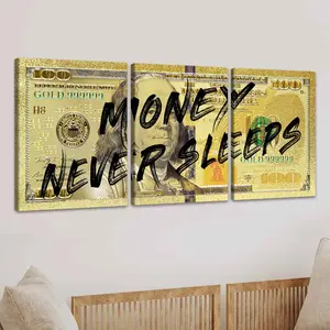 Money & Letter Pattern Canvas Painting with Wooden Framed, 3 Counts/set Modern Art Design Wall Art Painting, Wall Art Decor for Home Living Room Bedroom Office, Ornaments