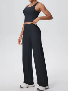 Women's 2-Piece Solid-Colour Wide-Leg Yoga Set Backless Sports Vest + High-Waisted Tummy-Control Straight-Leg Trousers Nude-Feel Drape Running Loose Straight-Leg Trousers Fitness Yoga Set Outdoor Wear Flared Trousers Straight-Leg Loose Casual Sports Set