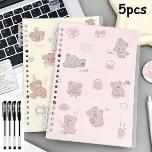 Cute Bear Spiral Notebook Set, A5 Size, 50 Pages, Detachable Binding, Includes 1 Notebook and 4 Pens, Ideal for School, Office, Diary, Gift