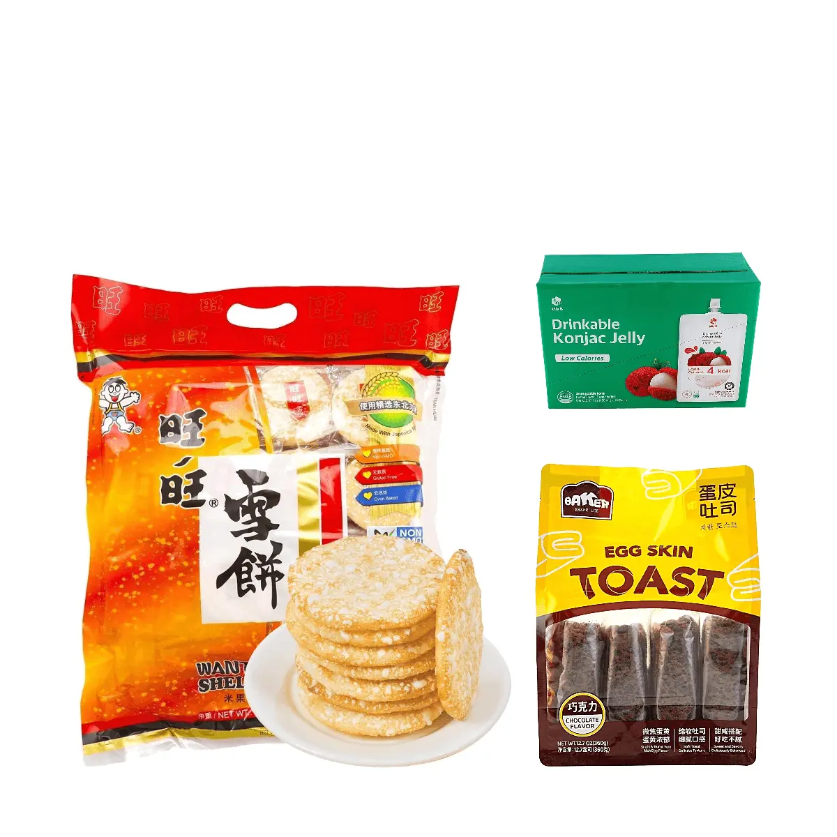 BAKER LEE Chocolate Egg Roll Toast 360g, Want Want Snow Crispy Rice Crackers 520g, JELLY.B Lychee Konjac Jelly 1.5L - 3 Flavor Combo Pack, Healthy Breakfast Snacks, Low Calorie, Zero Fat Sweetener