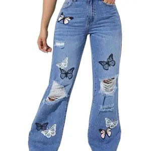 Vinizbena Women Butterfly Blue Stretch Jeans Pants