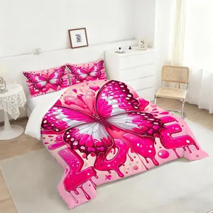 2/3Pcs Vibrant Pink Butterfly Comforter Set, Intricate Heart Patterns Bedding Set, Dreamy Love Theme Decorative Comforter, Perfect for Romantic and Playful Bedroom Decor, Soft and Cozy Bedding Essential, 1 or 2 Pillowcase No Pillow Core