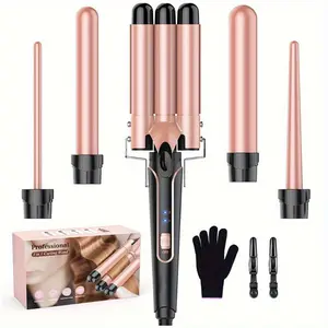 5-in-1 Waver Curling Iron Wand Set - Fast Heating, 3 Barrel Hair Crimper for All Hair Types, Womens Styling Essential with Multiple Curling Options and Easy-to-Use Design