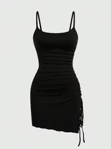 Women's Plain Ruched Drawstring Halter Dress, Casual Summer Fashion, Elegant Sleeveless Design, Perfect for Daily Wear