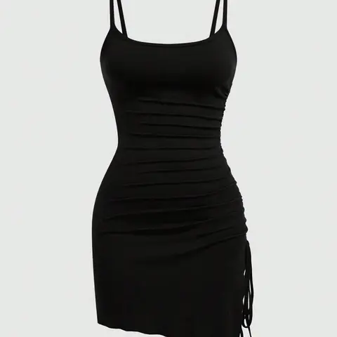 Women's Plain Ruched Drawstring Halter Dress, Casual Summer Fashion, Elegant Sleeveless Design, Perfect for Daily Wear, Casual Chic Dress