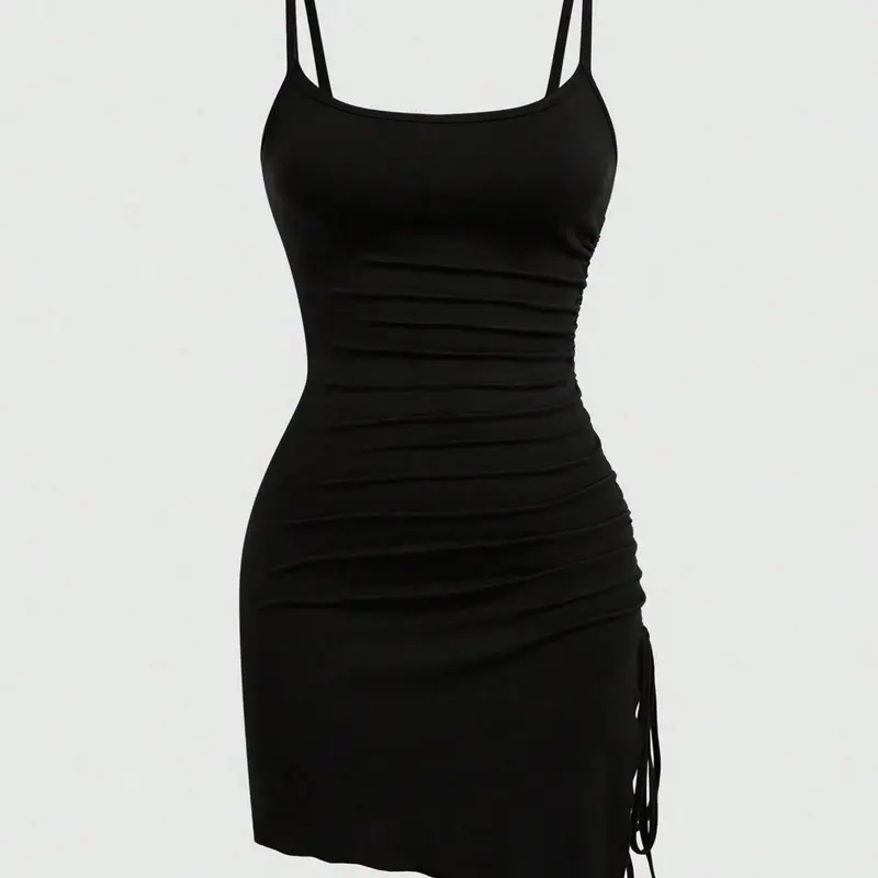 Women's Plain Ruched Drawstring Halter Dress, Casual Summer Fashion, Elegant Sleeveless Design, Perfect for Daily Wear, Casual Chic Dress