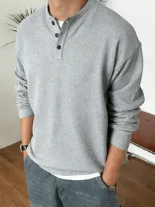 Men‘s Long-Sleeve Waffle Knit Shirt, Relaxed Fit Henley Design, Versatile Casual Top for Coffee Dates, Weekend Errands and Home Lounging