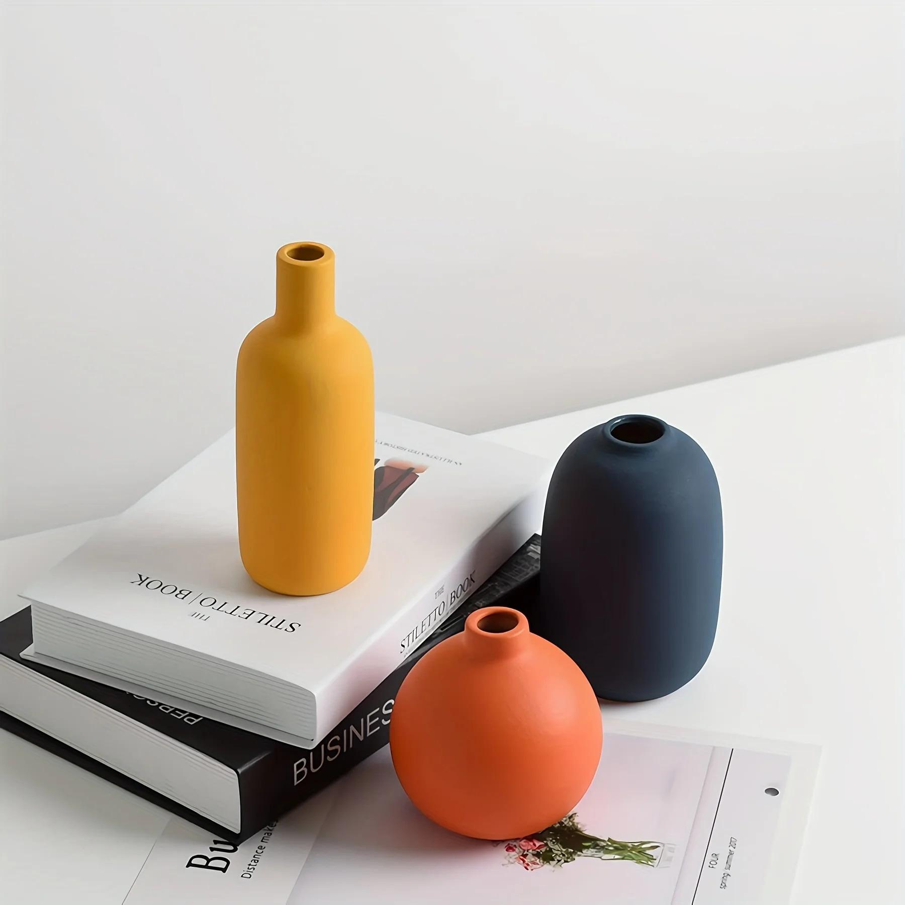3pcs Modern Bohemian Minimalist Ceramic Vases Multi-Color Decorative Round Vases for Living Room Shelves Table Tops Bookcases