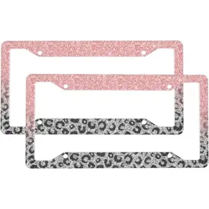 2 Sets Rose Gold Silver Glitter Leopard Print Premium License Plate Holder - Car Truck SUV Front and Rear Bracket for Enhanced Night Vision 4 Holes ﻿
