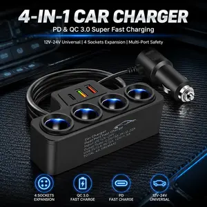 120W 4-Port Fast Car Charger 12V/24V Cigarette Lighter Splitter with Quick Charge 3.0 – Safe Charging for iPhone Samsung Tablet GPS & More