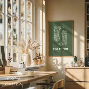 Itsel Green Walk By Faith Bible Verse Wall Art, Cowboy Home Decor, Print Western Christian Poster, Cowgirl Boots Print, Cute Apartment Decor