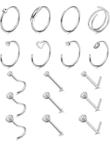 17pcs G23 Titanium Nose Ring Studs & Hoops, Hinged Nose Ring - 1.5mm, 2mm, 2.5mm CZ Heart & L-Shaped Hypoallergenic Titanium Nose Piercing Jewelry for Sensitive Skin