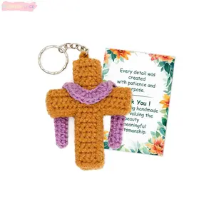 Handmade Crochet Cross Keychain With Purple Scarf And Meaningful Card Aesthetic Knitted Yarn Bag Charm Car Key Ring Christian Faith Spiritual Keepsake For Women Church Members Baptism Easter Gift