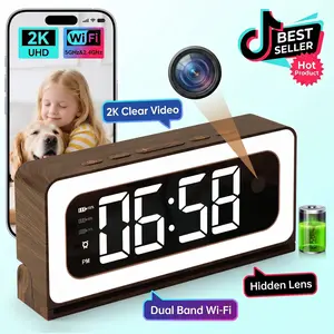 2K Smart Indoor Clock Camera,  Nanny Cam, Indoor Security Camera for Home, 5G & 2.4G WiFi, Full Color Night Vision, Motion Detection Alerts, Alarm Siren, Local SD Storage, Wood Grain Design