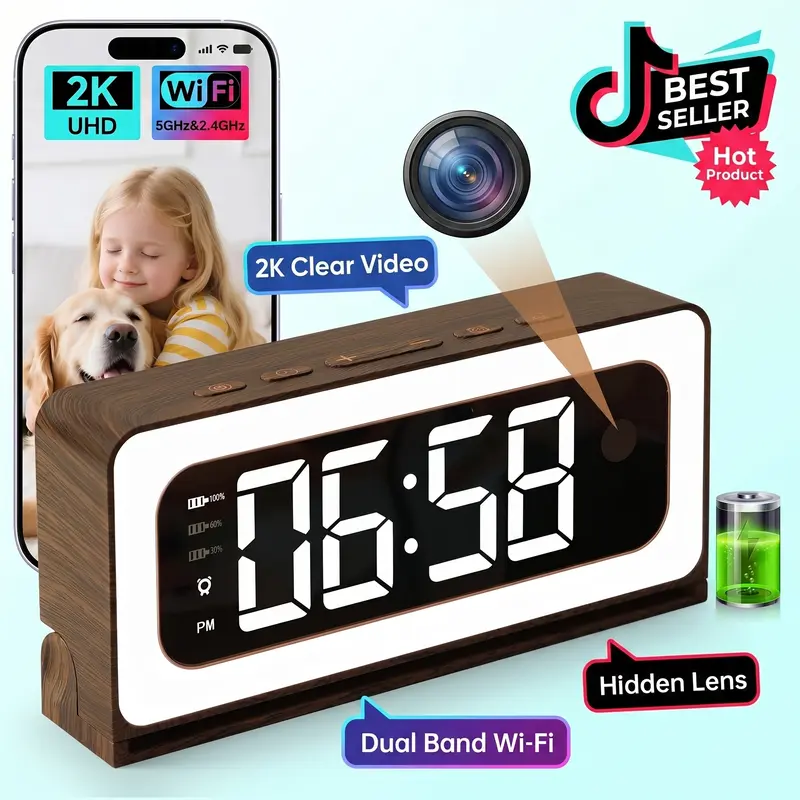 2K Smart Indoor Clock Camera, Nanny Cam, Indoor Security Camera for Home, 5G & 2.4G WiFi, Full Color Night Vision, Motion Detection Alerts, Alarm Siren, Local SD Storage, Wood Grain Design