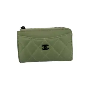 Pre-owned CHANEL Lambskin Leather Wallet Quilted Lambskin Zip Coin/Card Purse in Sage Green with Black CC Logo