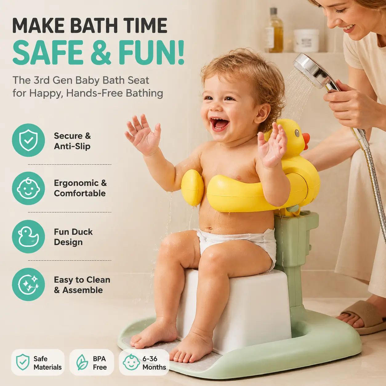 Cute Duck Baby Bath Seat - Anti-Slip Base, Supportive, Hands-Free Design - Comfortable Bathroom Shower Helper for 6-36 Mths Toddlers