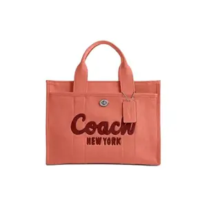 COACH Cargo 34 Embroidered Logo Quilted Tote Bag with Zipper Closure in Canvas and Satin for Women, Large Size, Light Red