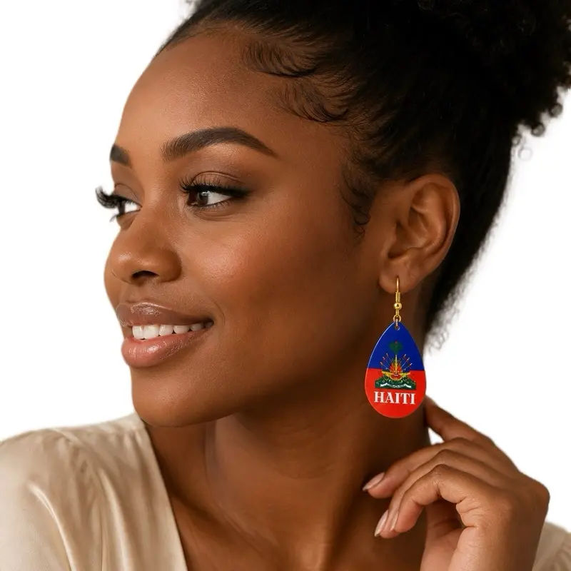 Women's Haiti Country Flag Teardrop Dangle Earrings - Lightweight Wood Leather Chic Non Tarnish Gold Brass Hypoallergenic Earrings Set, Patriotic Jewelry Gifts (4.5 Stars)