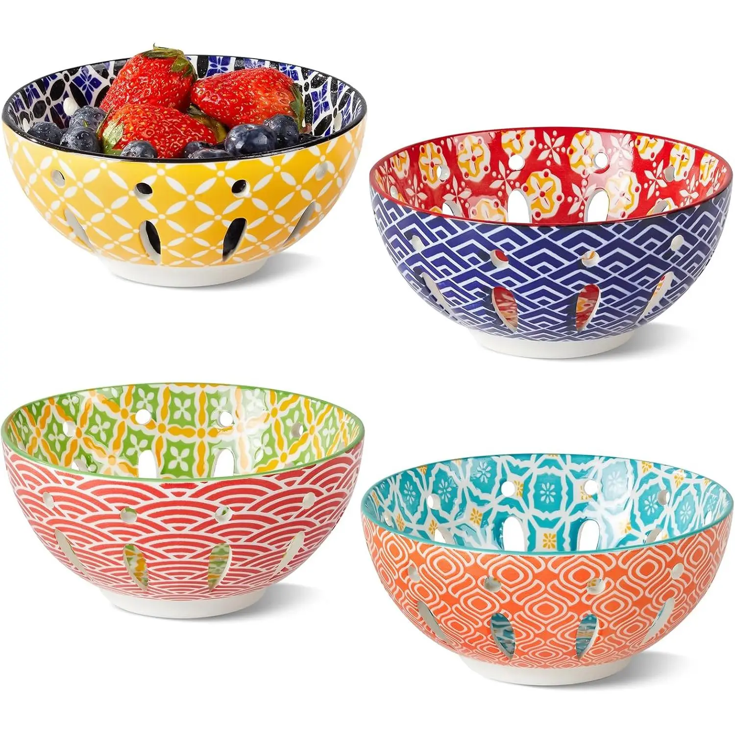 Ceramic Berry Basket, 6" Colorful Fruit Bowl, Round Berry Colander, Cute Small Container for Strawberry, Fruit Basket for Kitchen Counter, Set of 4