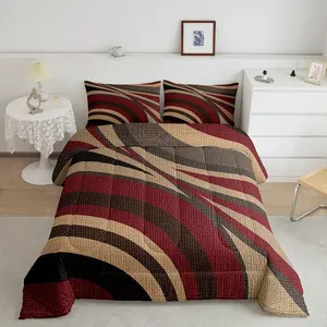 Feelyou Burgundy Red-Brown Stripe Geometric Comforter Set - Luxury Soft Microfiber Decorative Bedding, Breathable Abstract Duvet, Room Decor Quilt, Decorative Bedding Set, Microfiber Bedding Set
