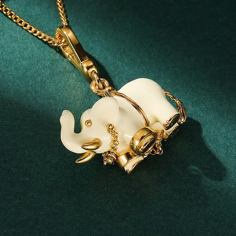 Gold White Enamel Lucky Elephant Charm Necklace - Spiritual Jewelry, Gold Aesthetic Animal Shape Necklace with Charm Embellishments, Meaningful Gifts Fashion Costume Jewelry for Wisdom & Good Fortune, Animal Shape Necklaces, Charm Embellishments Necklaces