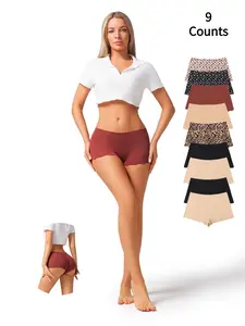 Fashion Leopard Heart Print Women's Briefs, Seamless Solid Color Yoga Safety Shorts, Soft Breathable Wave Edge Panties, 9 Pairs Pack