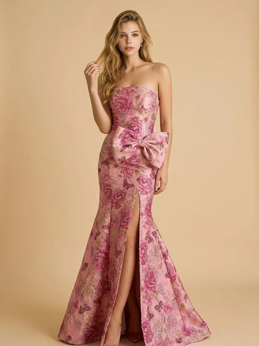#3717 Mermaid Prom Dress 2026 | Strapless Brocade Gown with Dramatic Side Bow