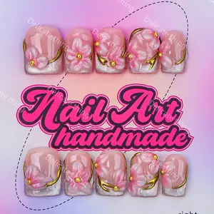 Delicatething Y2K Style Trendy Fashionable Nail Set, Handmade Square Flower Nails, 4 Sizes XS S M L, Perfect for Family Gatherings, Dates, Parties, Best Gift for Girls!