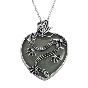 Green Aventurine 20.00 ctw Heart Pendant in Silvertone with Stainless Steel 20-22 Inches