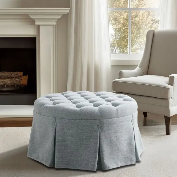 Martha Stewart MT101-0179 32 in Diameter Plastic Button Tufted Round Ottoman with Elegant Pleated Skirt, 100% Polyester Jacquard, Light Blue, Portable Furniture, Spot Clean, Accenting Living Room, Assembly Required