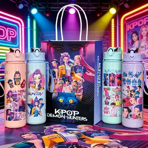 4 Pcs Kpop themed water bottle set, straw lid flip top, leak proof, reusable, lightweight, with matching gift bag, party ready, New Year birthday holiday gifts for friends, fan merch for concert and daily use, cute cartoon prints, for women and men