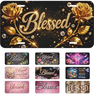 Gold Rose Blessed Front License Plate 6x12 – Golden Rose Floral Christian Aluminum Vanity Tag for Car Truck SUV with 4 Holes – Gift for Women Men