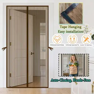 Auto-Close Magnetic Screen Door - Mosquito Proof Door Curtain with Heavy-Density Mesh, Brown Striped Breathable Panel, Pet Friendly, Keeps Bugs Out, Suitable for Home, Balcony, RV, Doors, Easy Installation