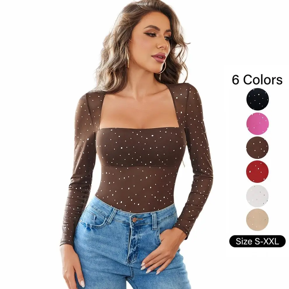 Avidlove Women's Fashion Square Neck Long Sleeve Rhinestone Sheer Mesh Bodysuit, Suitable for Year-Round Styling Clothes