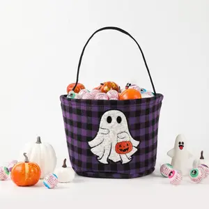 Halloween Bucket, Trick or Treat Basket for Kids Girl Boy Halloween Candy Bucket Gift Basket Canvas Pumpkin Buckets Spooky Boo Baskets Candy Bags Pumpkin Baskets for Party Favor Decorations, Purple