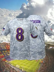 Men's Embroidered Rugby Jersey, Camouflage Gray Baltimore #8 Football Jersey,V-Neck Breathable Short Sleeve T-Shirt, Loose Comfortable Sportswear,Perfect for Outdoor Sports & Casual Wear, Unisex All Seasons