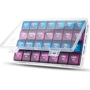 XL Monthly Pill Organizer 1 Time a Day, 4 Week Pill Case Compartments, Weekly Vitamin Organizer, Container for Daily Pill Keeper Healthcare Aid