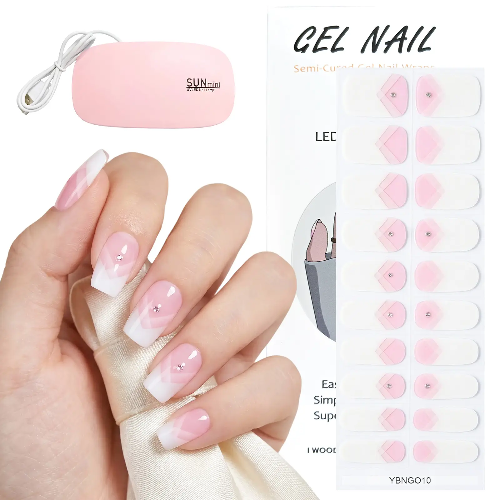 French Gradient Semi-Cured Gel Nail Strips Starter Kit, Includes 60s LED Nail Lamp, Nail Remover & Prep Tools, Semi-Cured Nail Wraps for Home Salon