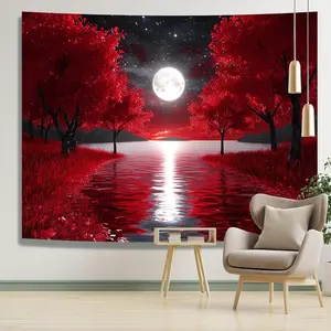 Summervibes 1PC,2D Flat Red Moonlit Night Red Mangrove Lake Scenery Tapestry, Bedroom And Living Room Decoration Cloth, Art Wall Cloth Background Cloth, Suitable For Home Decoration, Adding A Romantic Atmosphe, Tapestry Wall Mural, Decor Items,summervibes