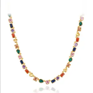 14K Gold Plated Multicolor Gemstone Tennis Necklace – Colorful CZ Chain, Adjustable Unisex Gift