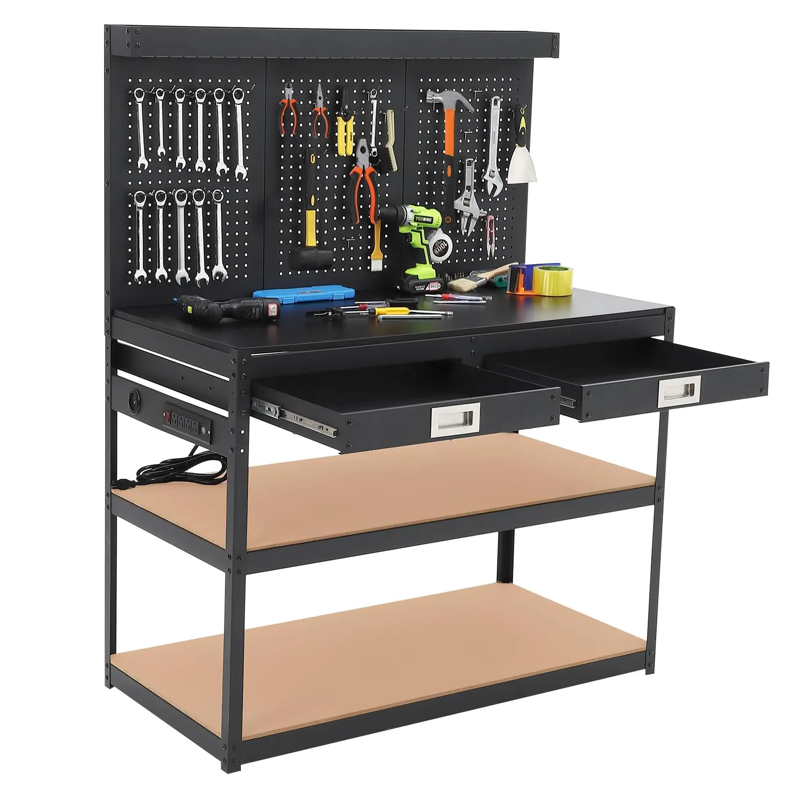 【GARVEE】48" WorkBench, Metal Tool Storage Bench with Pegboard with 3 Drawers & Back, Under Shelf, Power Outlet, Hanging Accessories, Topping Space, Multifunctional Work Table for Garage, Workshop, Basement