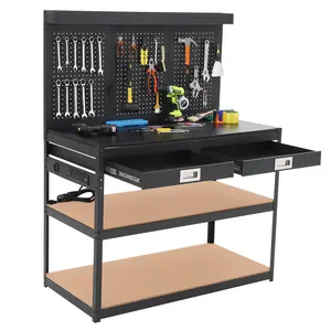 【GARVEE】48" WorkBench, Metal Tool Storage Bench with Pegboard with 3 Drawers & Back, Under Shelf, Power Outlet, Hanging Accessories, Topping Space, Multifunctional Work Table for Garage, Workshop, Basement