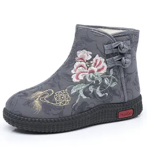 Winter Old Beijing Cloth Shoes Women's Cotton Shoes Ethnic Style Short Boots Fleece-Lined Warm Mom Shoes Chinese Style Embroidered Women's